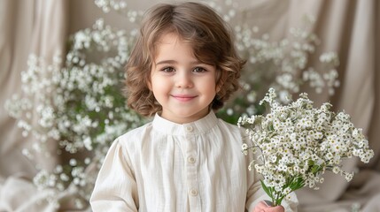 small child in the dim light holds a bunch of wildflowers in his hands, a touching and melancholy impression.
Concept: social campaigns, orphanhood and child insecurity. care and support