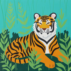 Funny card for birthday. Portrait of tiger on bright background - 759989704