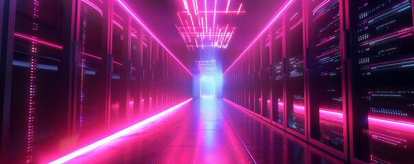 Futuristic data center with glowing neon lights, showcasing racks of servers in a corridor reflecting high-tech and advanced computing power