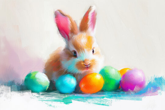 Colorful Easter Bunny with Decorative Eggs Illustration