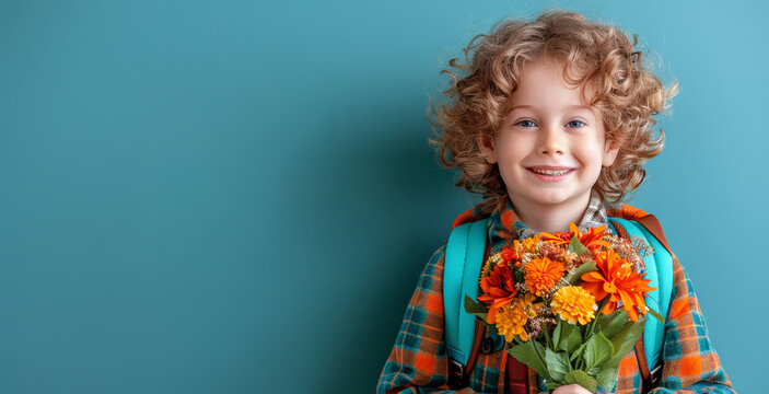 Joyful boy with curly hair in a school uniform and with a backpack holding a bouquet of autumn flowers,
Concept: back to school, children's fashion or educational programs. - Powered by Adobe