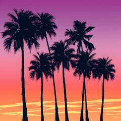 Fototapeta na wymiar Palm Trees Silhouetted Against a Vibrant Sunset Sky in a High-Definition