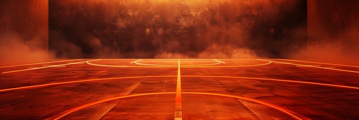 This basketball court, made of red copper material, exudes passion and excitement with its vibrant orange lighting. The smoke floating in front of it adds an air of mystery
