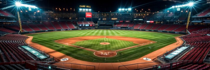 Panoramic View of Empty Baseball Stadium at Night - An expansive panoramic shot of an empty baseball stadium lit up at night, showcasing the diamond and stands. - obrazy, fototapety, plakaty
