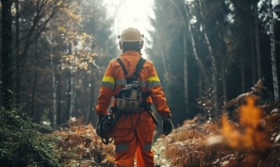 Shot of lumberjack who goes through amazing forest holding chainsaw wearing orange suit and safety helmet.