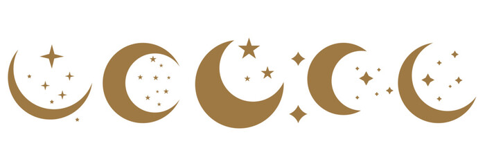 A set of gold moon and sparkling starlight illustrations of various shapes. The moon has the shape of a crescent, half, or full moon. Vector Illustration. EPS 10 - obrazy, fototapety, plakaty