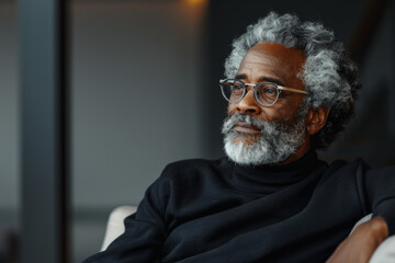 A sophisticated black elderly man with glasses in a pensive frame of mind