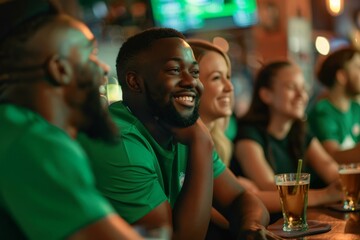 Fans in green shirts with beer glasses, socializing and watching soccer game at a bar, expressing joy and excitement