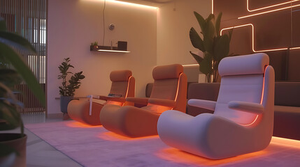 A high-tech office lounge featuring AI-controlled furniture that adjusts to individual preferences...