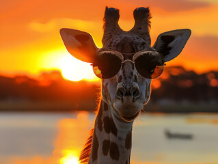 Giraffe with Sunglasses at Sunset by the Water