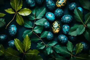 Colorful easter eggs and leaves on green background, with space for text, seasonal concept