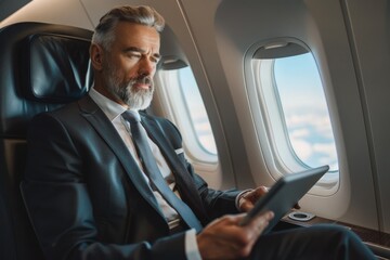 A middle-aged businessman dressed in a suit is seated inside an airplane, engaged with a tablet during his business trip