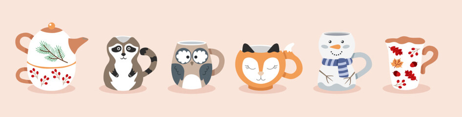 Set of various tea cups and tea pot. Cute cartoon characters. Hand drawn color vector illustration isolated on beige background.