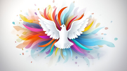 A striking illustration of a dove in flight, its wings a burst of colorful feathers, representing peace and harmony.
