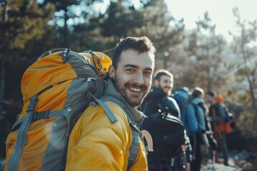 A man with a backpack smiles cheerfully as he poses for a camera, ready for a hiking adventure
