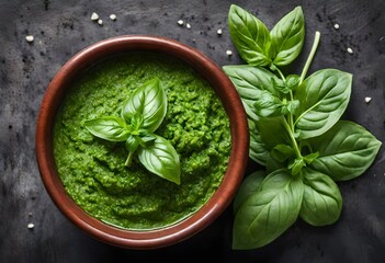 Vibrant green basil leaves and peppery arugula arranged artfully beside a dollop of freshly made pesto, evoking the freshness of a summer garden