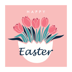 Easter greeting card with pink  tulips in egg shell and happy easter text, square vector illustration for cards,social media post,poster,invitation