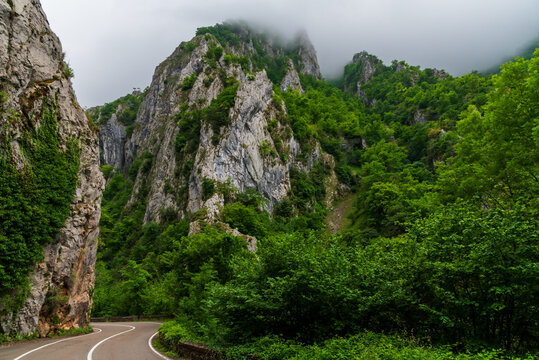 Road that runs through the Los Beyos gorge next to the Sella River and between the municipalities of Amieva and Ponga, Asturias.