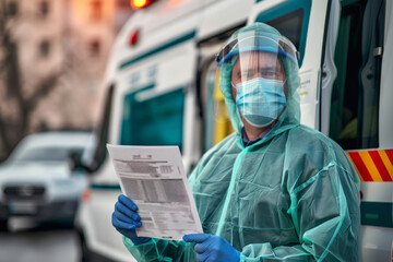 A male EMS key worker in protective gear stands in front of an ambulance, wearing a face mask and reading a medical form - Powered by Adobe