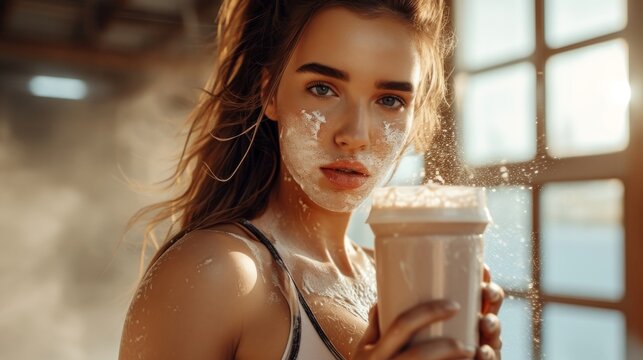 Beautiful young woman in sportswear drinking protein shake in gym