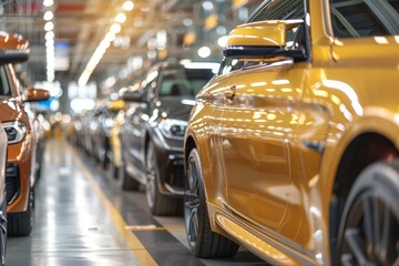 A row of modern cars neatly parked in a busy garage, awaiting maintenance or repair
