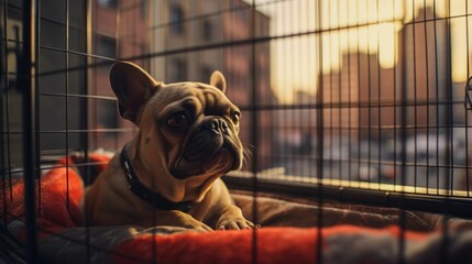 Puppy Gazing Outside from a Car Kennel at Sunset. Generative ai - obrazy, fototapety, plakaty