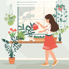 Beautiful young woman holding watering can and watering houseplants in pots. Girl caring for indoor home flowers. Hobby. Vector illustration in flat style. Colored concept of home gardening