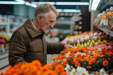 Senior Man Choosing Flowers at a Supermarket Floral Section