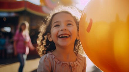 Joyful Child Playing with Balloons at a Carnival. Generative ai