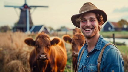 Smiling Farmer with Curly Hair and a Cow in the Countryside. Generative ai