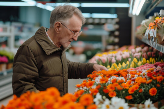 Senior Man Choosing Flowers at a Supermarket Floral Section - Powered by Adobe