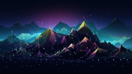 Illustrate the abstract resilience of IT systems, with digital mountains representing the strength to withstand challenges