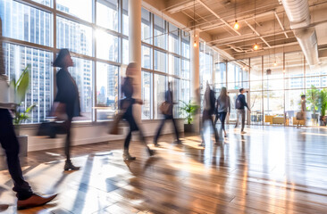 Blurred Business Professionals Walking in Sunlit Modern Office
