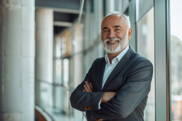 Fototapeta premium A senior businessman consultant confidently stands in front of a window with his arms crossed, looking at the camera inside a modern office building