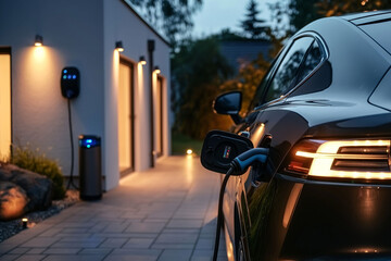Modern Electric Car Charging at Residential Wallbox in Evening
 - obrazy, fototapety, plakaty