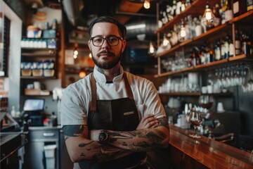 Fototapeta premium A man wearing glasses stands confidently in front of a bustling bar at a restaurant