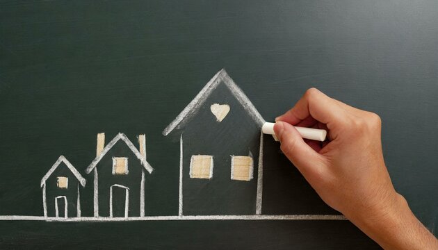 PROTE&Ccedil;&Atilde;O A FAM&Iacute;A: DESENHO COM GIZ DE UMA CASA EM UM QUADRO NEGRO EM UM CONCEITO DE DIVERSIDADE E PROTE&Ccedil;&Atilde;O FAMILIAR