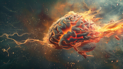 Concept art of a human brain exploding with knowledge, selective focus,