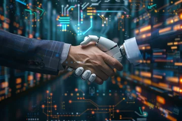 Fotobehang Two individuals engaged in a handshake gesture against the backdrop of a modern cityscape, symbolizing collaboration in the realm of artificial intelligence and machine learning for the future © pham