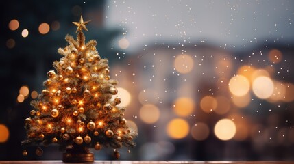 Fototapeta na wymiar A small Christmas tree with gold ornaments sits on a snowy ground