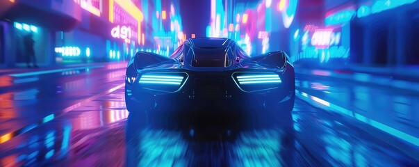 Futuristic neon sports car in motion