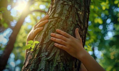 Hands embracing a tree trunk