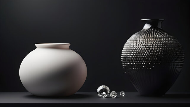smooth gradient textured black background with a round vase in which lie white diamonds with empty space