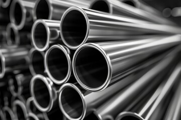 A stack of stainless steel pipes is neatly arranged on top of each other, creating a backdrop reminiscent of the metallurgical industry