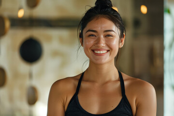 A Thai young woman, a yoga trainer, smiling at the camera in a black top in a yoga studio