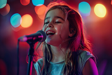 A young girl passionately singing into a microphone at a talent show, showcasing her vocal abilities on stage