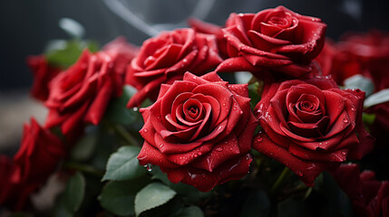 Bouquet of beautiful red roses on dark background, closeup, Generate Ai