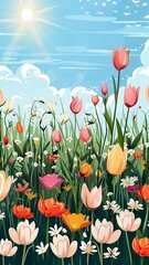 Vertical AI illustration tulip bloom under the sunny spring sky. Concept plants and flowers.