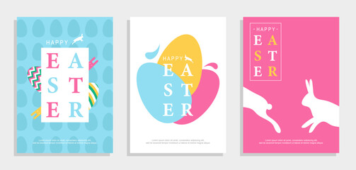 Happy Easter set. Patterns. Greeting card template. Vector Easter illustration. Easter eggs, rabbit. Perfect for a poster, holiday cover, or postcard.
