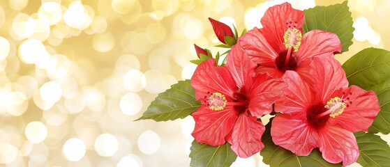  a close up of two red flowers with green leaves on a gold and white boke of lights in the background.